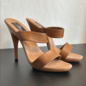 NWOT Women's Leather Strap Tan High Heel Sandal Mules